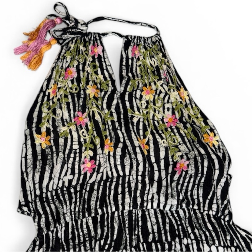 Raga Maxi Dress Medium Black Ivory Tiered Boho Halter Embroidered  100% Viscose - Picture 5 of 12